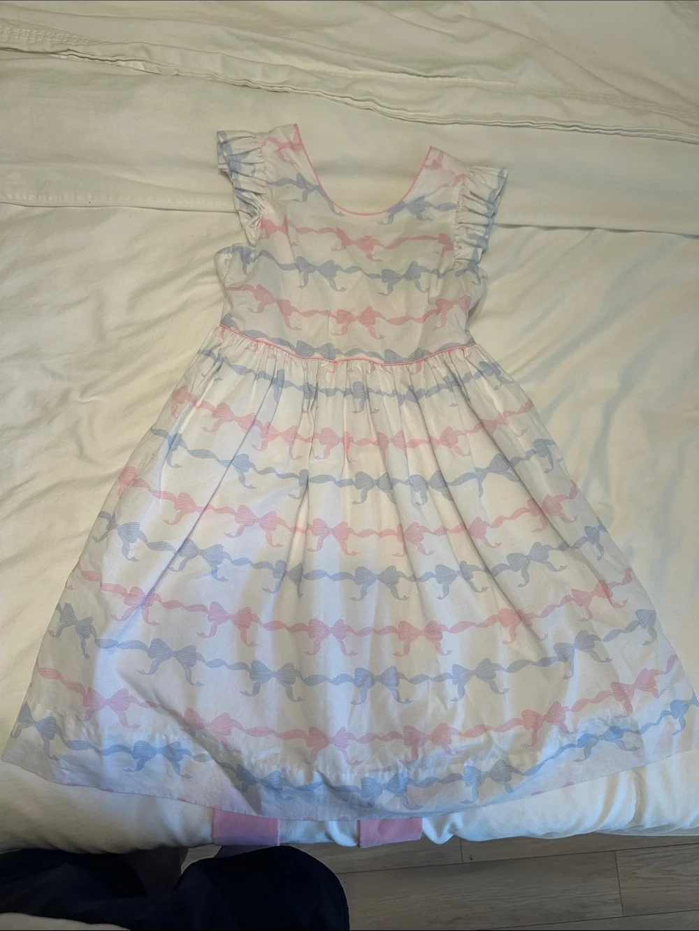 Girls' White Dress with Pink & Blue Bow Print